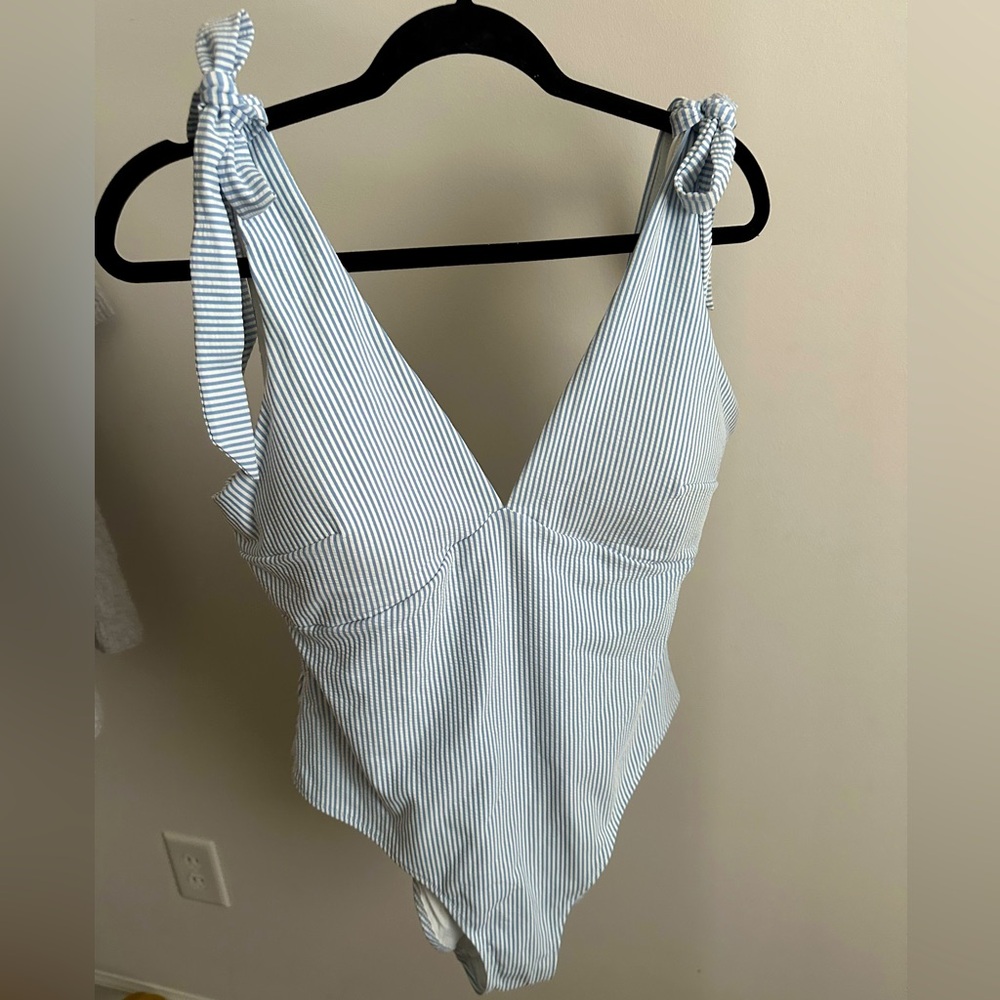 H&M Blue and White One Piece with Elegant Bow Details